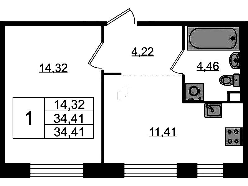 1-комнатная квартира 34.41 м², 2/5 эт., ЖК «Plus Пулковский»